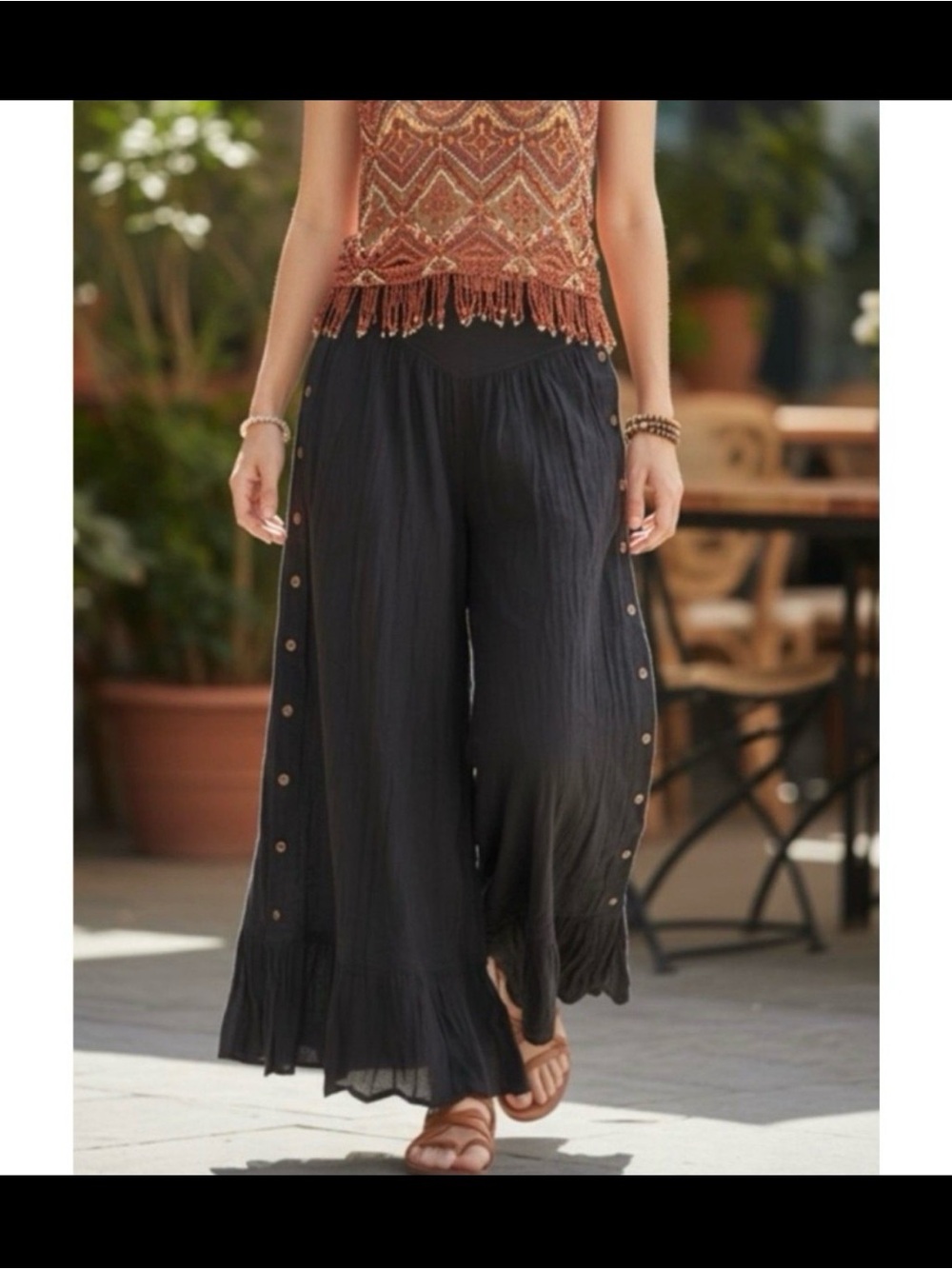 Black Wide-Leg Button-Side Palazzo Pants